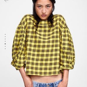 NWT Zara Checked Blouse w/ pleated sleeves